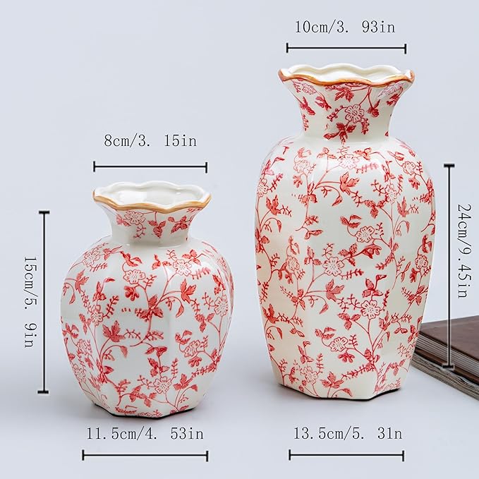 Chinoiserie Flower vase, red Floral Vine Design Ceramic vase with Wavy Gold Rim, Console Table Decor, Statement Piece, Interior Design (Large, Hongmanzhi)