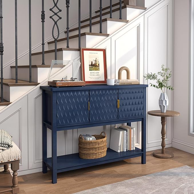 Modern Console Table with 3 Diamond Pattern Doors, Wood Entryway Table with Storage, Behind The Couch Sofa Table for Hallway, Living Room, Foyer, Dining Room, Blue