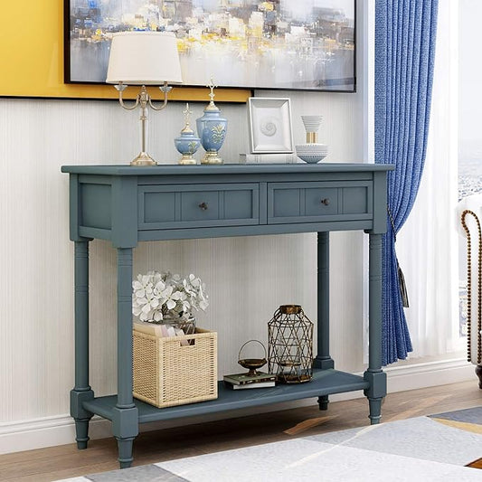 Knocbel 35.5 Inch Antique Entry Console Table with Drawers & Bottom Open Shelf, Solid Wood Sofa Couch Table for Entryway Hallway Living Room (Navy)