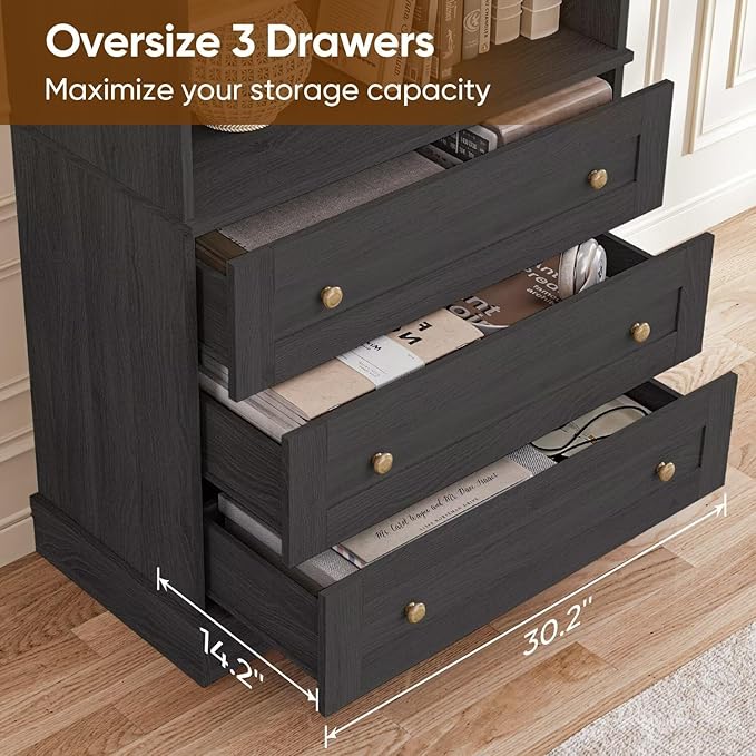 Vyre 71" Tall Farmhouse Bookshelves with Drawers, Large Modular Bookcase with Adjustable Shelves, Storage Cabinet for Living Room, Kitchen, Black, Set of 4