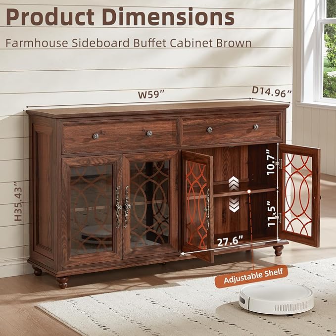 Large Sideboard Buffet Cabinet Set of 2 with Storage,59" Credenza with 4 Glass Doors & 2 Drawers,Adjustable Shelves Coffee Bar,Wood Kitchen Console Table for Dining Room,Brown