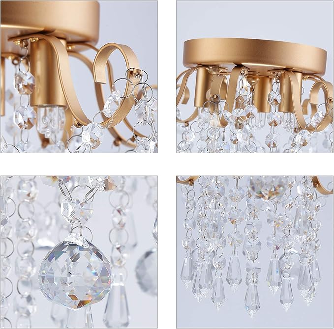 Q&S Small Chandelier,Modern Gold Mini Crystal Chandelier Ceiling Light Fixture for Bedroom,Hallway,Entryway E12 3-Light.
