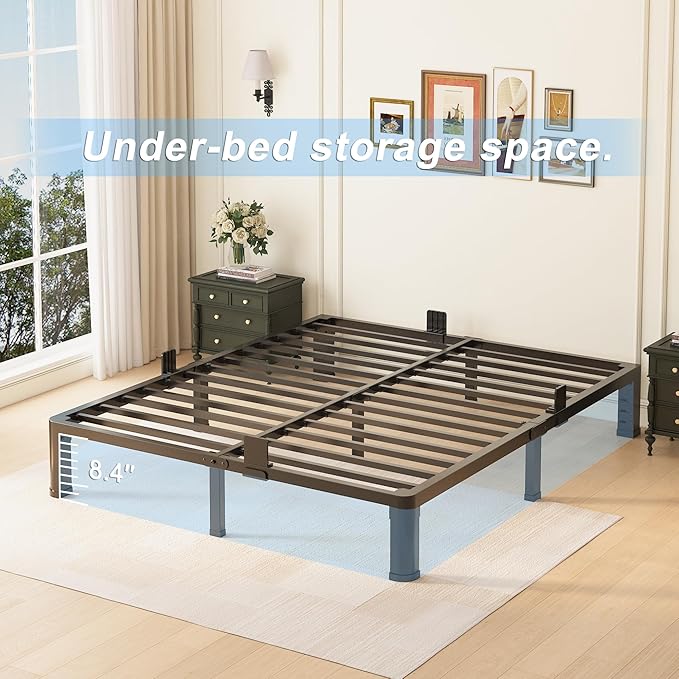 10 inch California King Bed Frame with Round Corner Legs and Headboard Hole Mattress Slide Stopper Low Profile Heavy Duty Metal Platform,Steel Slat Support,No Box Spring Needed,Easy Assembly
