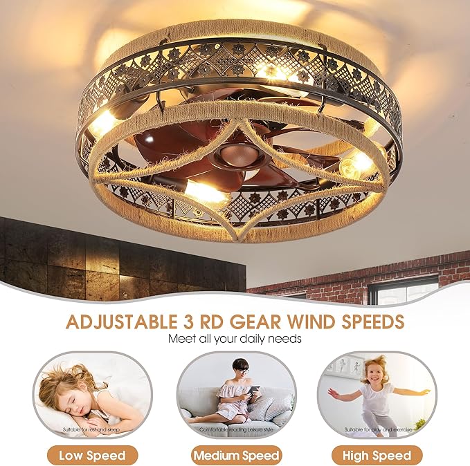 18” Low Profile Boho Nylon Cage Ceiling Fans with Lights and Remote, Black Flush Mount Ceiling Fan, Small Farmhouse Ceiling Fan Lamp Lighting Fixture for Bedroom, Reversible(Bulbs not included)