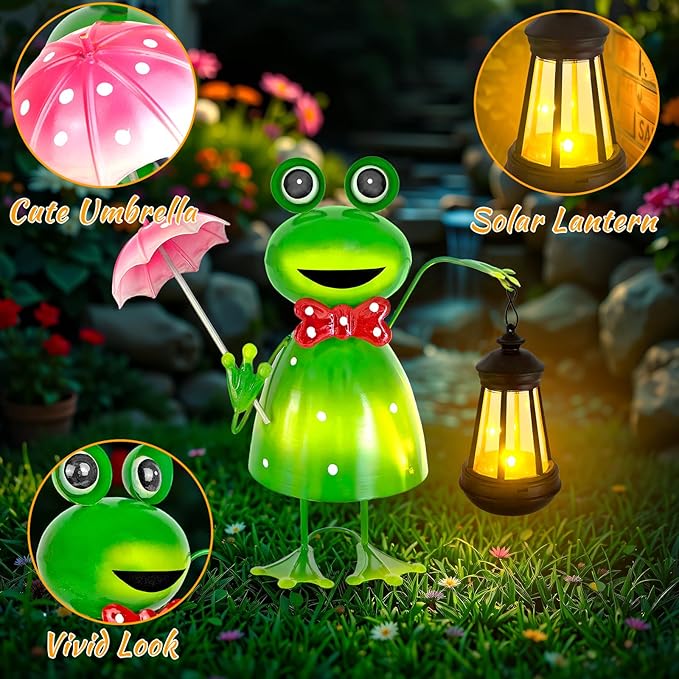 Solar Garden Lights Frog Statue with Solar Lantern Lights,15.62 in Tall Frog Garden Decor,Outdoor Forg Figurines Decorations for Patio Yard Lawn Ornaments Gifts for Birthday Housewarming Mother's Day
