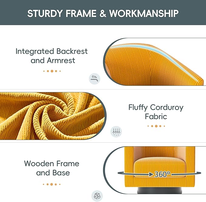 Swivel Accent Chairs, 360 Degree Bucket Chair, Modern Upholstered Barrel Armchair, Comfy Corduroy Single Sofa for Living Room Bedroom, Orange