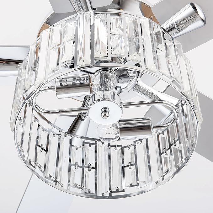 Parrot Uncle Ceiling Fans with Lights and Remote 52 Inch Ceiling Fan with Light for Bedroom Crystal Chandelier Outdoor Ceiling Fans for Patios Covered, Silver