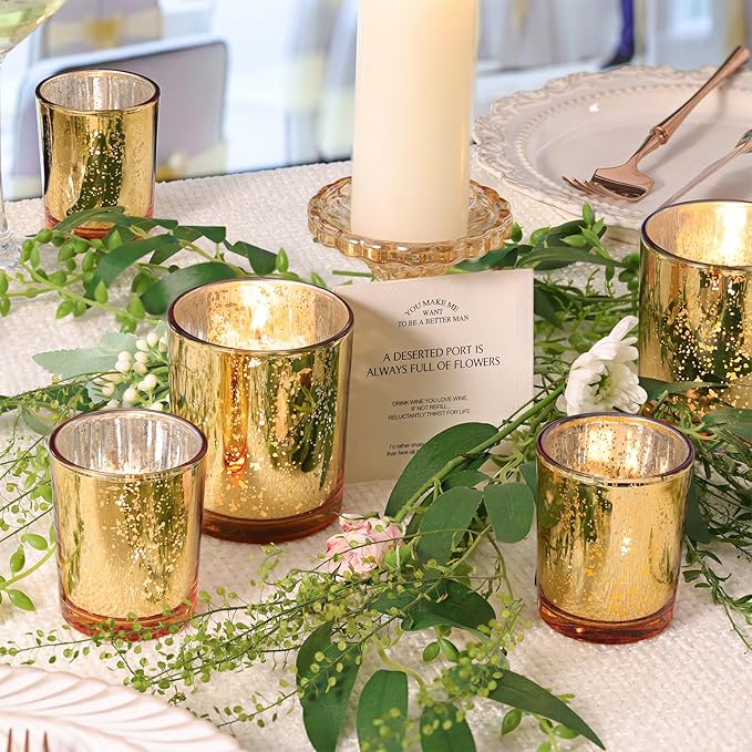 Volens 12pcs Assorted Gold Votive Candle Holders, Large Speckles Mercury Glass Votive & Tealight Candle Holder Bulk for Wedding Table Centerpiece, Gold Themed Party Decorations and Home Decor