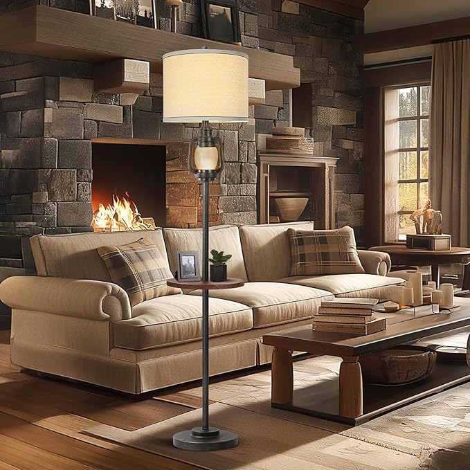 Farmhouse Lantern Floor Lamp with Tray For Living Room with Nightlight Vintage Tall Lamp With Linen Fabric Shade Industrial Standing Lamp For Bedroom Office Home House Study(Bulb Included)