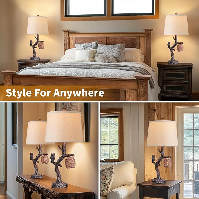 27" Rustic Farmhouse Table Lamps Set of 2, 3-Way Lighting Modes Bedside Table Lamps for Bedroom with Nightlight, Owl Lamp for Living Room with USB C+A, Night Stand Lamps for Western Cottage Decor
