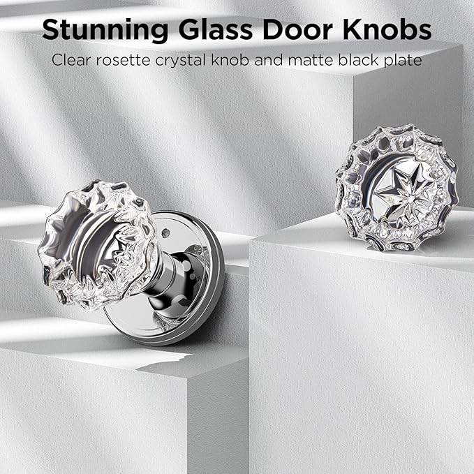 1 Pack Crystal Door Knob, Rosette Shaped Glass Door Knobs Interior with Lock, Polished Chrome Door Knobs Interior Glass
