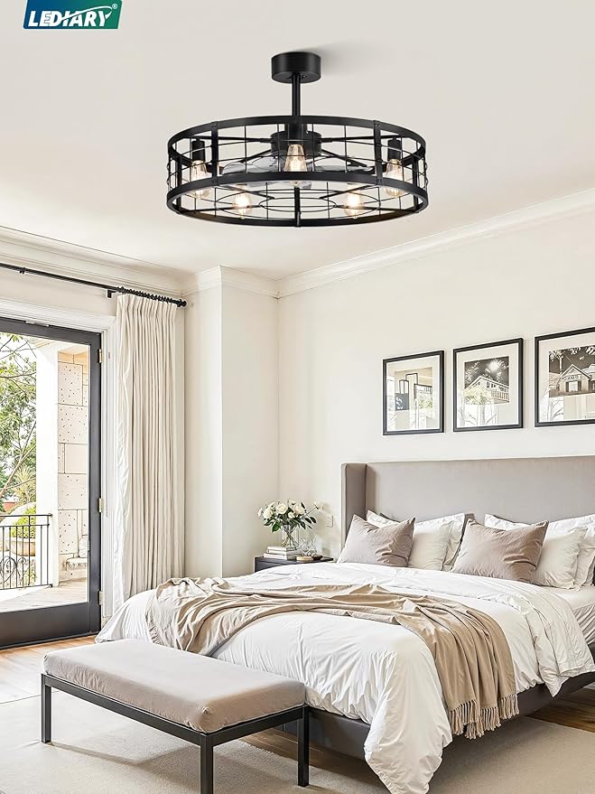 LEDIARY 30 inch Fandelier Caged Ceiling Fan with Light, Bladeless Ceiling Fan with Remote, Farmhouse Fan Lights Ceiling Fixtures for Kitchen, Bedroom, Outdoor(6 Speed, Timing)-Black