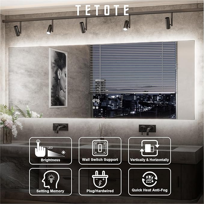TETOTE 55 x 30 Inch LED Mirror Backlit Bathroom,Anti-Fog Mirror with Light,Dimmable,CRI90+,IP54 Water Proof,Wall Mounted Vanity Lighted,Horizontal/Vertical