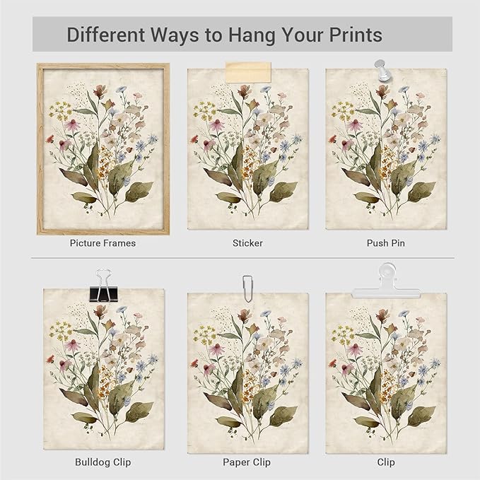 SIGNWIN Adhesive Canvas Poster Set Vintage Wildflower Bouquet Antique Botanical Illustrations Modern Art Decorative Scenic Multicolor Nature Wilderness for Bedroom - 8"x10"x 4