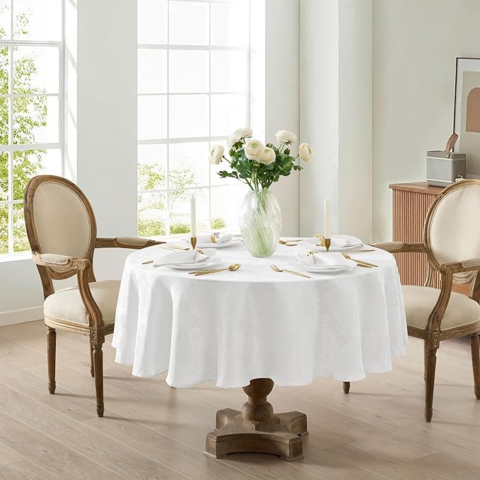 Newbridge Barcelona Luxury Damask Fabric Tablecloth, 108” Round, White, 100% Polyester, No Iron, Soil Resistant Dining Room, Party and Banquet Table Cover