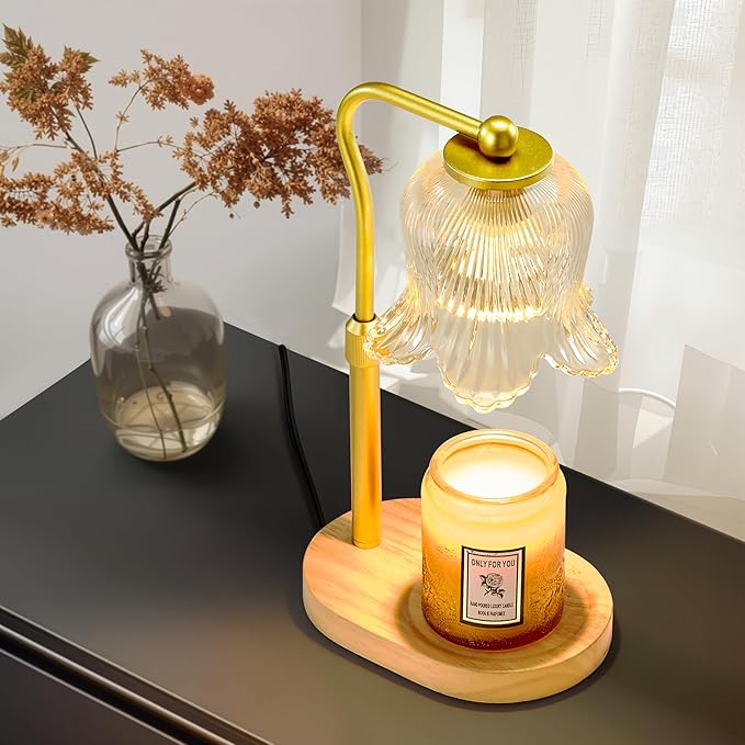 CASTLELIFE Candle Warmer Lamp with Timer & Stepless Dimming, Height Adjustable Electric Wax Warmer for Jar Candles, Flower Wax Melter with Wood Base, Gifts for Women Home Decor, Gold