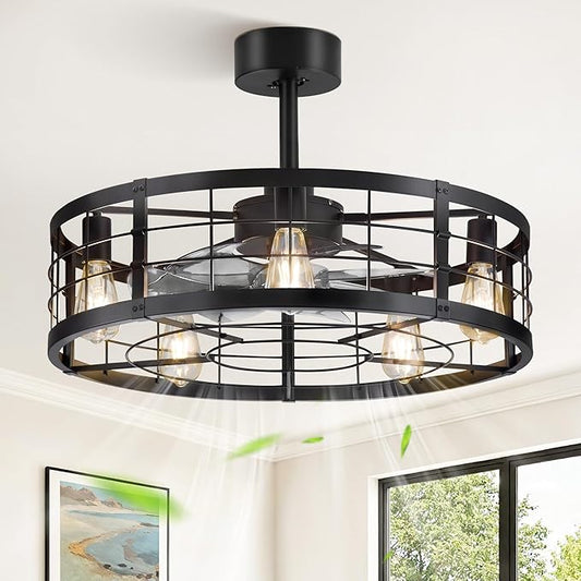 LEDIARY 26 inch Fandelier Caged Ceiling Fan with Light, Bladeless Ceiling Fan with Remote, Farmhouse Fan Lights Ceiling Fixtures for Kitchen, Bedroom, Outdoor(6 Speed, Timing)-Black