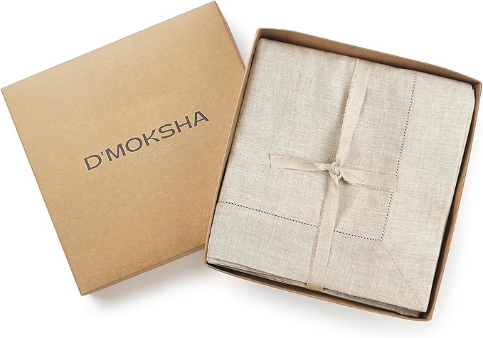 D'Moksha Homes Light Natural Linen Tablecloth for Rectangle Tables 60 x 144 Inch - 100% Pure Linen Natural Table Cloth - Classic Hemstitch, Machine Washable Dining Tablecloth for Christmas, Holiday