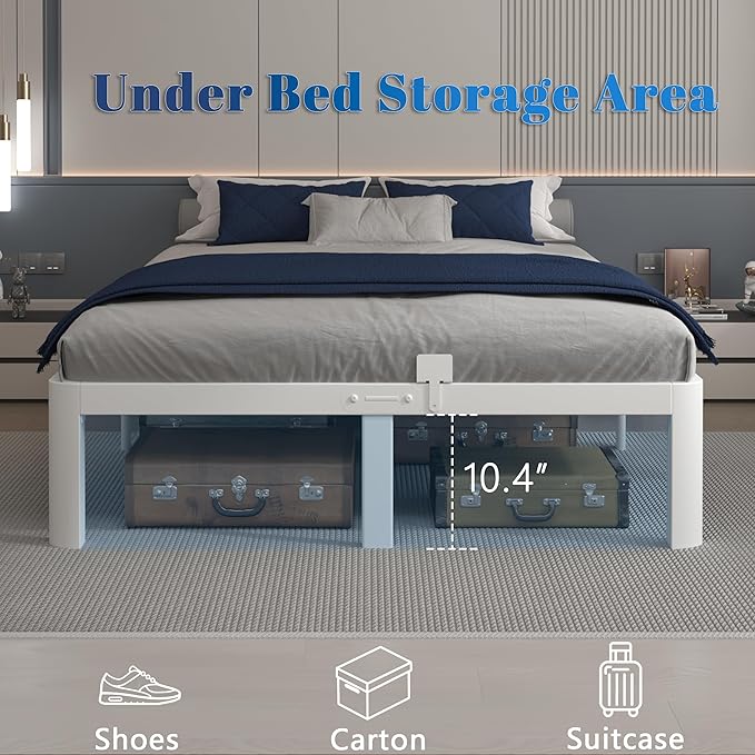 12 Inch Queen Bed Frame with Metal Gaskets, White Bed Frame Queen Size No Box Spring Need, Heavy Duty Steel Platform Support, Round Corner Design, Reserved Holes, Noiseless, Storgae Space