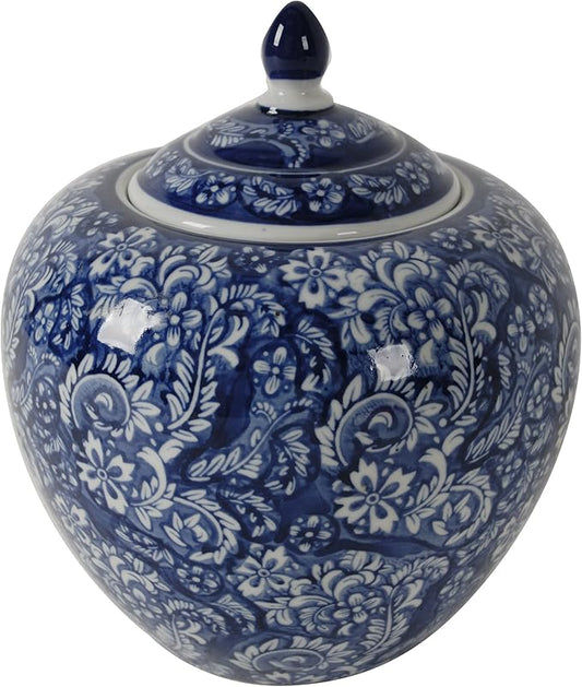 A&B Home 10'' Decorative Antique Porcelain Jar with Lid Flower Pot Planter Blue and White Vase Floral Print Centerpiece Home Decor Indoor Outdoor