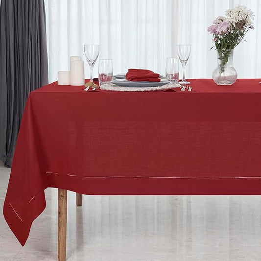 D'Moksha Homes Red Linen Tablecloth for Rectangle Tables 60 x 90 Inch - 100% Pure Linen Red Table Cloth - Classic Hemstitch, Machine Washable Tablecloth for Winter, Christmas, Holiday