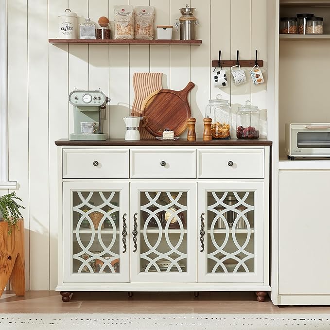 Farmhouse Sideboard Buffet Cabinet Set of 2 with Storage,48" Large Credenza with 3 Glass Doors & 3 Drawers,Adjustable Shelves Console Table,Wood Kitchen Coffee Bar for Dining Room,White