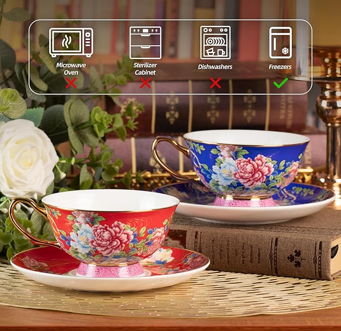 KAMMAK Ceramic Coffee Cups and Saucers Set of 2, Porcelain Espresso Cups with Saucers, 5.64 oz Handcrafted Ceramic Floral Coffee and Tea Cup, Vintage Drinkware for Tea Party, Office, Women Gifts