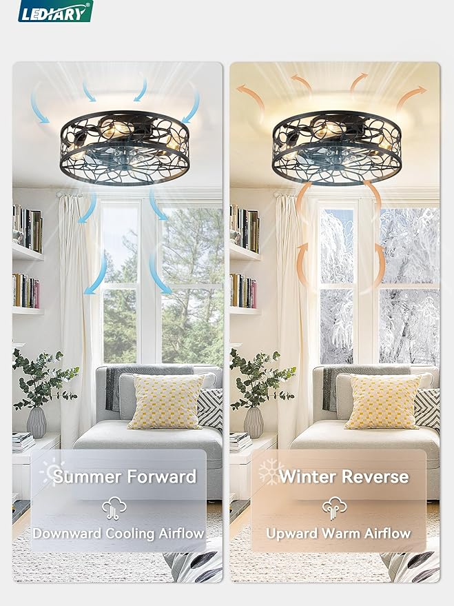 LEDIARY 20 Inch Caged Ceiling Fans with Lights, Black Flush Mount Ceiling Fan with Remote, Low Profile Bladeless Ceiling Fan Light Fixture for Bedroom, Kitchen, Dining Room