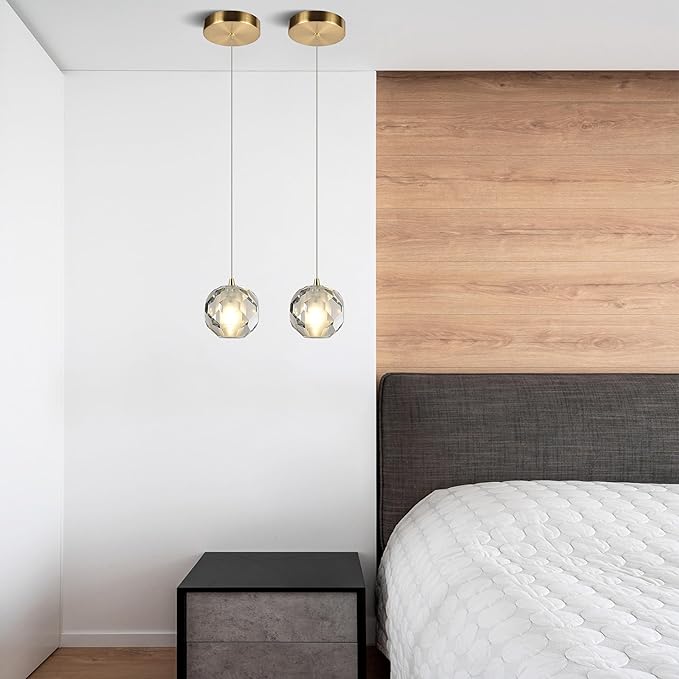 1-Light Brass Pendant Light Kitchen Island, Multi-facted Small Crystal Pendant Light Fixture, Adjustable Hanging Pendant Lighting for Dining Room Bathroom Vanity