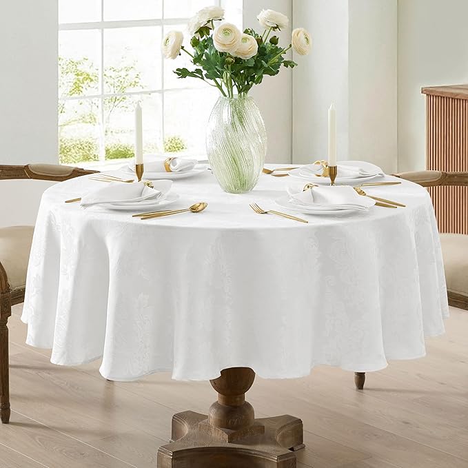 Newbridge Barcelona Luxury Damask Fabric Tablecloth, 108” Round, White, 100% Polyester, No Iron, Soil Resistant Dining Room, Party and Banquet Table Cover