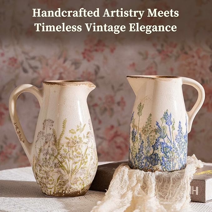 Vintage Green and Beige Ceramic Pitcher Vase with Handle, Farmhouse Floral Decorative Vase, Rustic Table Centerpiece for Home Decor, Living Room, French Country Grand Millennial Decor 8.7 in