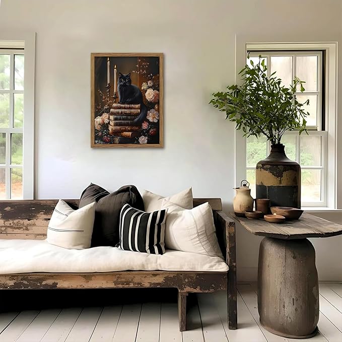 Vintage Dark Academia Framed Wall Art, Victorian Black Cat Floral Canvas Prints, Antique Book Wildflower Gothic Wall Decor for Living Room Gallery Library – Dark Wooden Frame 16x24in