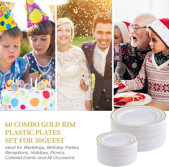 FOCUSLINE Gold Plastic Plates Set of 60, Disposable Plates with Gold Rim 30 Dinner Plates 10" and 30 Salad Dessert Appetizer Plate 7", Elegant Fancy Heavy Duty Wedding Party Plates