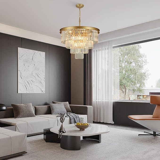 Crystal Chandeliers for Dining Room Lights Fixture Over Table, 15 Lights Gold Modern Chandeliers for Living Room, 4-Tier Round Crystal Lighting Fixtures for Bedroom Entryway Kitchen Island D24 Inch