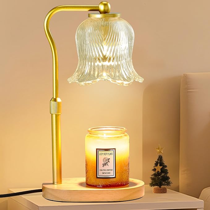 CASTLELIFE Candle Warmer Lamp with Timer & Stepless Dimming, Height Adjustable Electric Wax Warmer for Jar Candles, Flower Wax Melter with Wood Base, Gifts for Women Home Decor, Gold