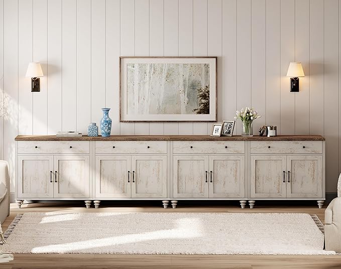 WAMPAT Large TV Stand for 100 inch TV with 8 Doors and 4 Drawers, Farmhouse Wood Universal TV Stand with Storage Cabinets, Entertainment Center TV Console Table for Living Room & Bedroom, Rustic White