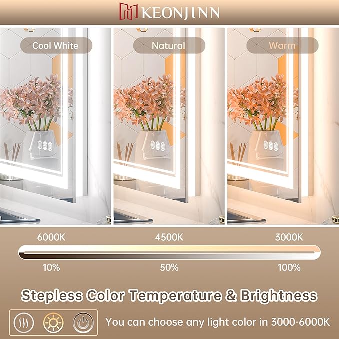 Keonjinn Bathroom Mirror with Lights 47.6" x 35.8" with Backlit and Front Light, Stepless 3 Colors Temperature Dimmable LED Bathroom Mirror, UL Listed LED Driver, Tempered Glass Lighted Vanity Mirror