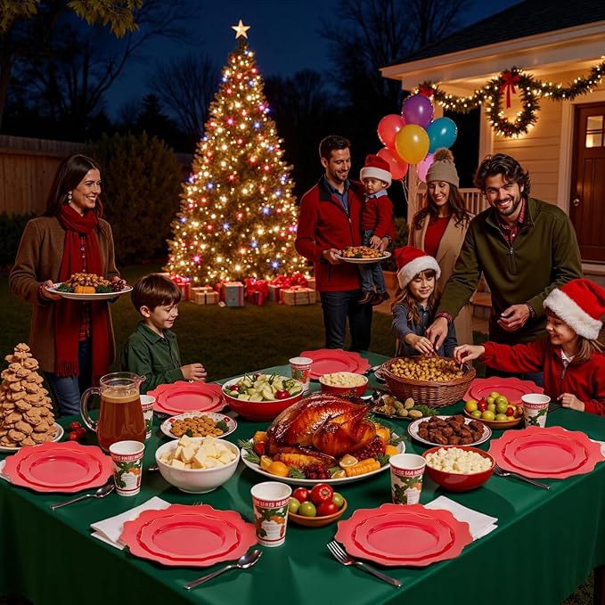 WDF 175Pcs Red Plates - Red Plastic Plates with Gold Rim - Fancy Disposable Dinnerware Sets Ideal for Party/Wedding/Christmas