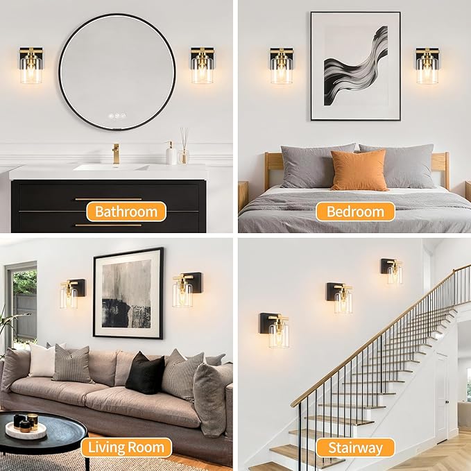 1 Light Modern Bathroom Light Fixtures Over Mirror, Black Gold Vanity Lights for Bathroom Wall Sconces with Clear Glass Shades, E26 Socket (Bulbs Not Included)