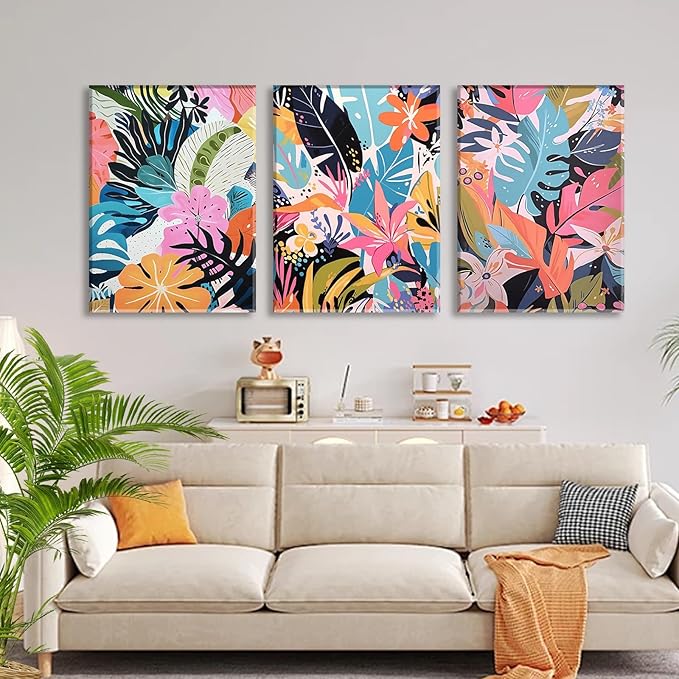 Framed 3Pcs Tropical Floral Wall Art Colorful Canvas Prints with Tropical Plants and Flowers Abstract Blue Botanical Picture Painting Wall Decor for Living Room Bathroom Gallery Office 12"x16"