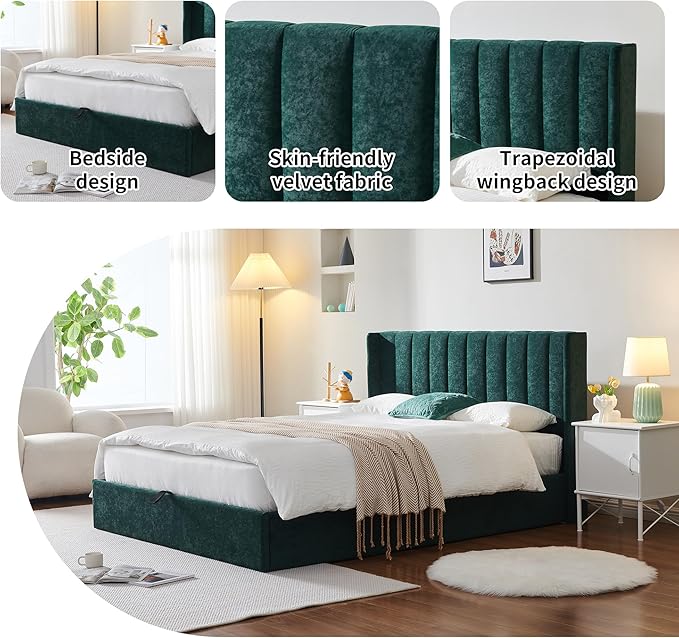 YUHUASHI Queen Size Hydraulic Storage Bed, Upholstered Platform Bed Frame, Modern Wingback Design Headboard, Velvet Fabric with Hydraulic Support Bars, No Box Spring Required (Ink Green, Full)
