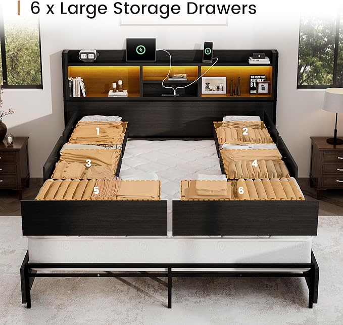 Queen Storage Bed Frame with 6 Drawers, USB Charging Station, No Noise, No Box Spring Required, Vintage Black Headboard Platform Bed