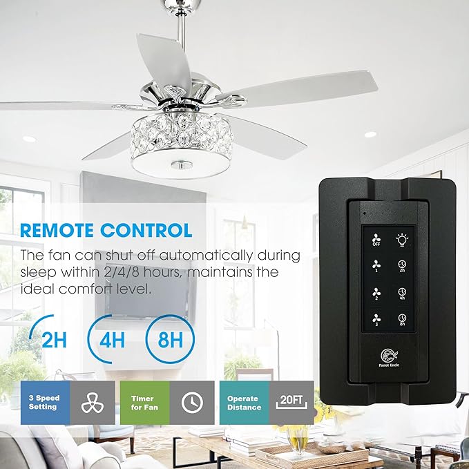 Parrot Uncle Ceiling Fans with Lights and Remote, 52 Inch Chandelier Ceiling Fan with Light for Bedroom Living Room, Modern Flush Ceiling Fan with Crystal Light, 5 Reversible Blades, Noiseless, Silver