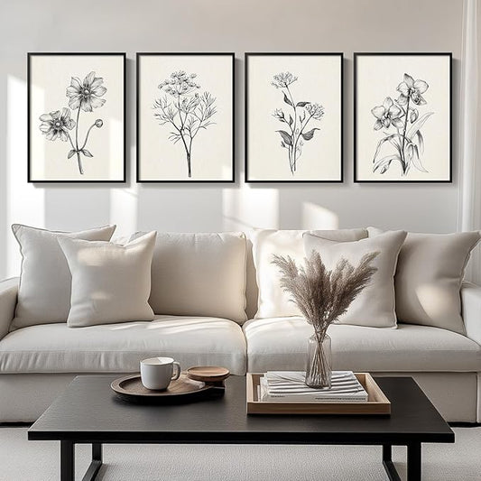 Framed Black and White Floral Wall Art for Living Room, 4 Piece Vintage Botanical Canvas Painting Prints Artwork for Walls, Rustic Minimalist Flower Pictures for Bedroom Hallway Kitchen Wall Decor