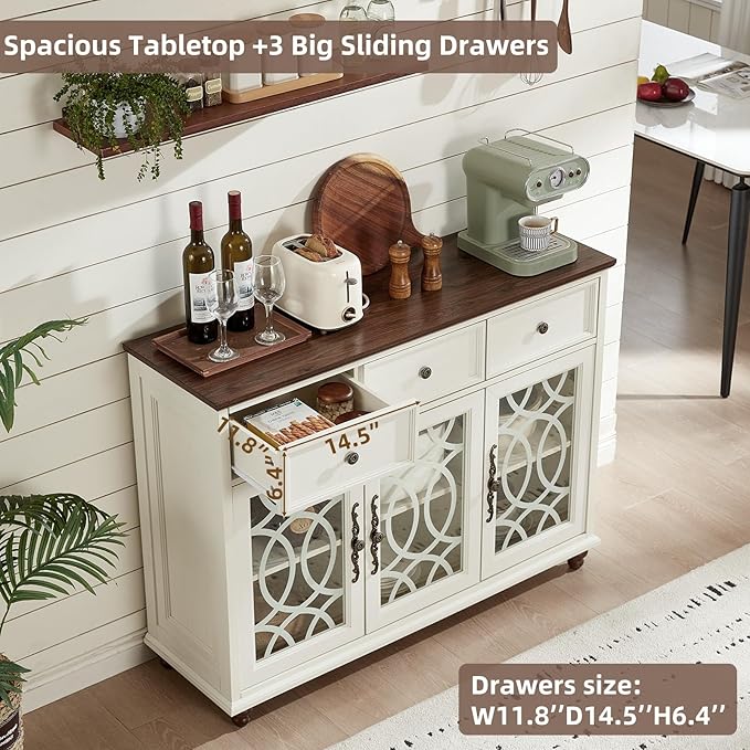Farmhouse Sideboard Buffet Cabinet Set of 2 with Storage,48" Large Credenza with 3 Glass Doors & 3 Drawers,Adjustable Shelves Console Table,Wood Kitchen Coffee Bar for Dining Room,White