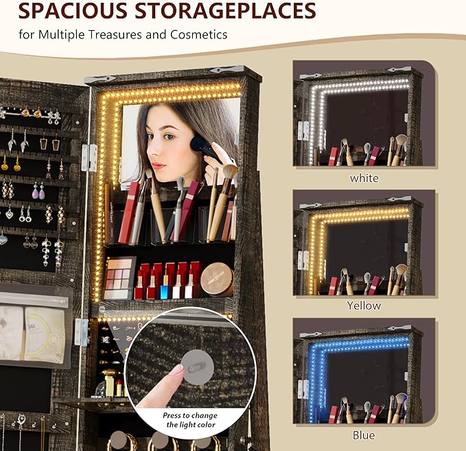 LVSOMT LED Mirror Jewelry Cabinet Standing, 360° Swivel Jewelry Organizers and Storage, Farmhouse Mirror with Jewelry Storage, Lighted Jewelry Armoire with Full Length Mirror (Vintage Bronze)