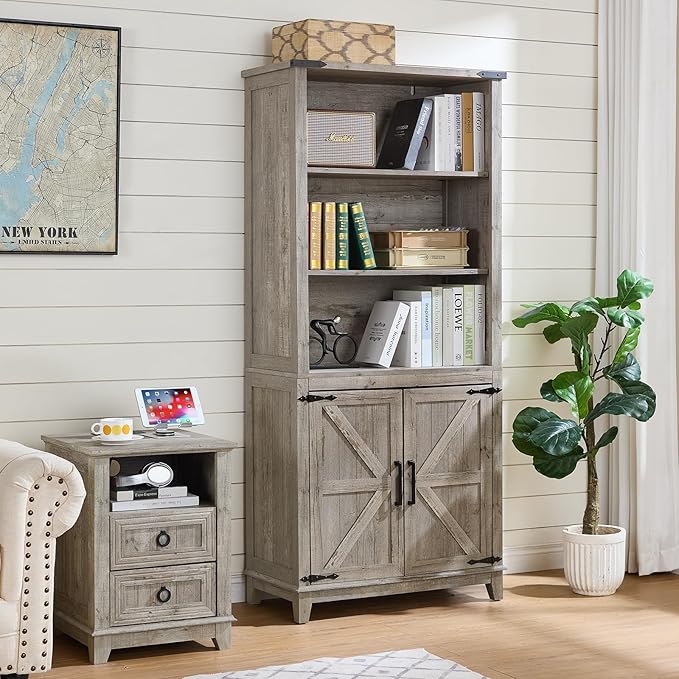 70in Tall Bookshelf 5 Tier Bookcase with Barn Doors and Adjustable Shelves, Grey Farmhouse Book Shelf with Storage Cabinet, Wood Freestanding Display Bookshelves for Bedroom, Kitchen (2 PCS)