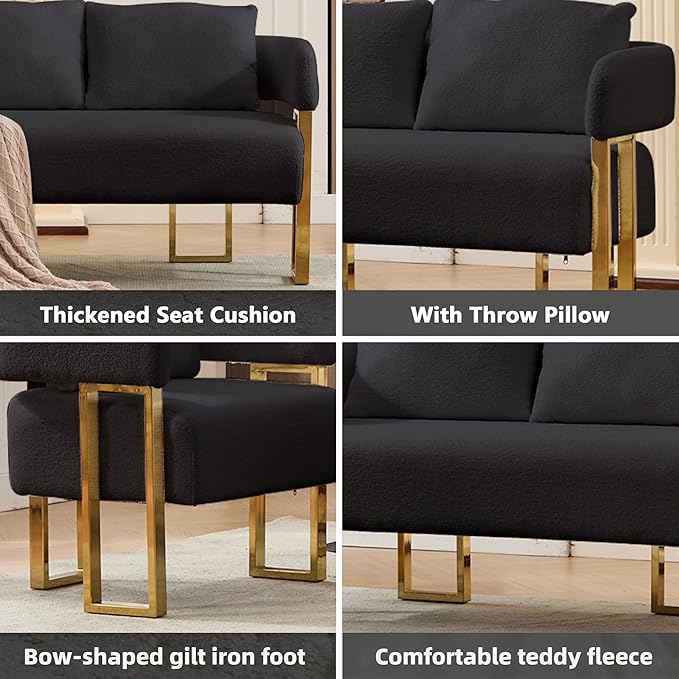 YISHENG Loveseat Sofa Modern Accent Chairs for Living Room with Golden Metal Legs Soft Teddy Upholstered Reading Armchairs no Wheels for Reception Room//Bedroom/Lounge/Office, Black