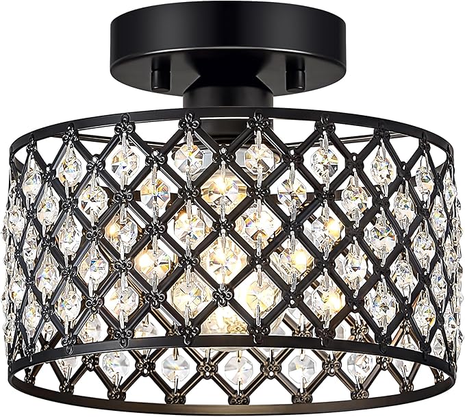 Black Crystal Ceiling Light Fixture,Modern Semi Flush Mount Ceiling Lighting Fixture,Round Small Chandelier for Hallway, Entryway, Laundry Room, Kitchen, Bedroom, Foyer, Bathroom, 1 Light, 9 inch