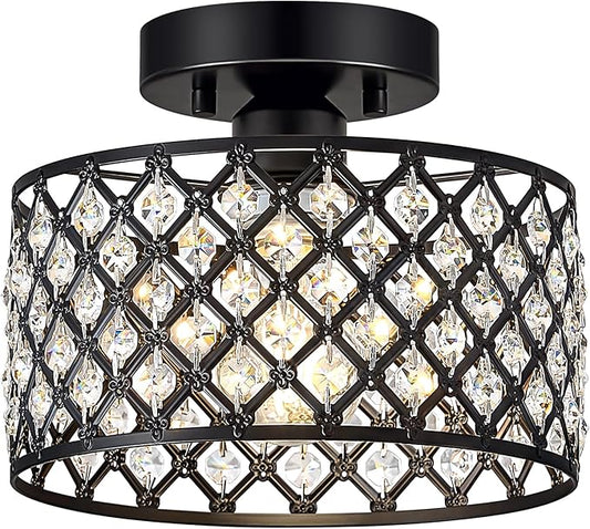 Black Crystal Ceiling Light Fixture,Modern Semi Flush Mount Ceiling Lighting Fixture,Round Small Chandelier for Hallway, Entryway, Laundry Room, Kitchen, Bedroom, Foyer, Bathroom, 1 Light, 9 inch